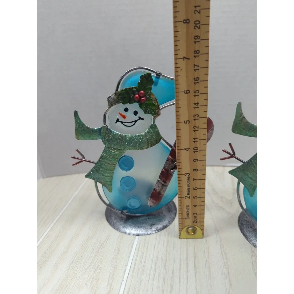 Blue white glass metal candy canes accents Snowman pair tea light candle holders